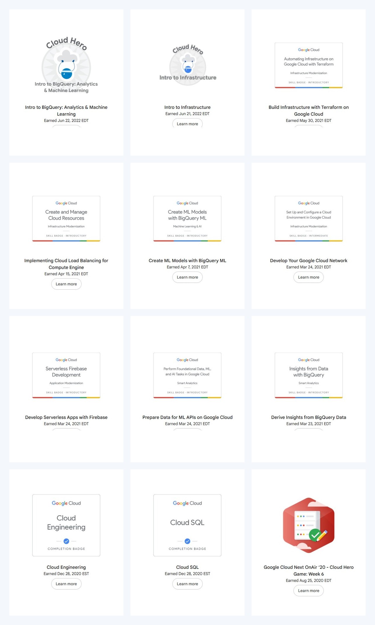 Google Cloud Skills badges 1 through 12
