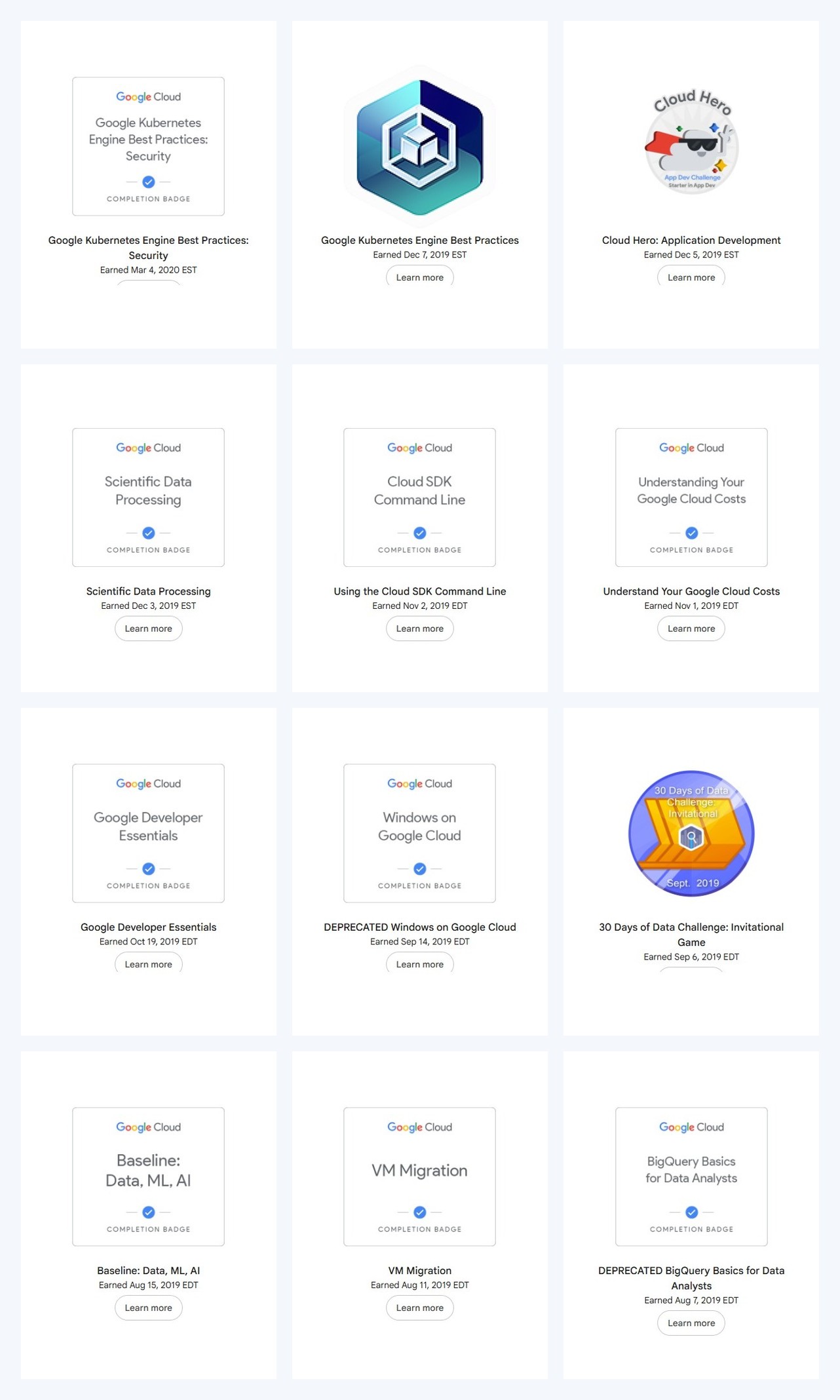 Google Cloud Skills badges 25 through 36