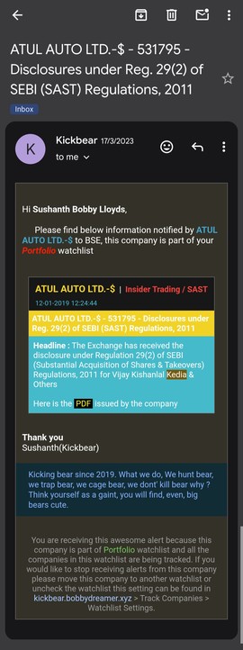 Example BSE announcement email