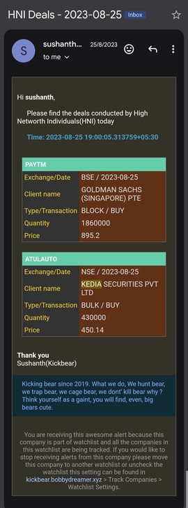 Example BSE deals email