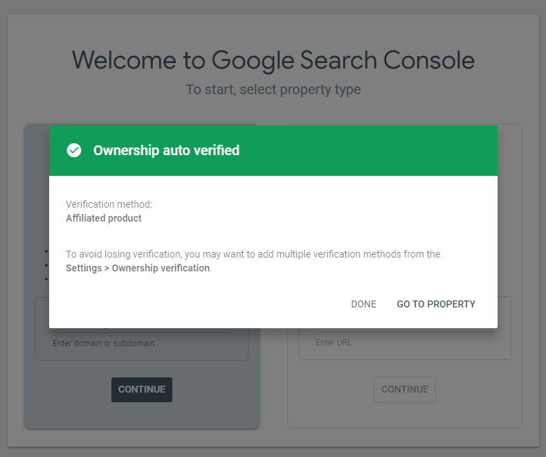 Google Search Console - Ownership verified