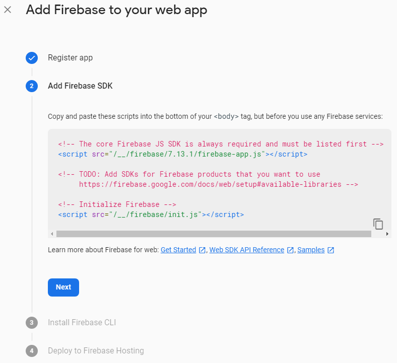 Firebase Console - Hosting setup