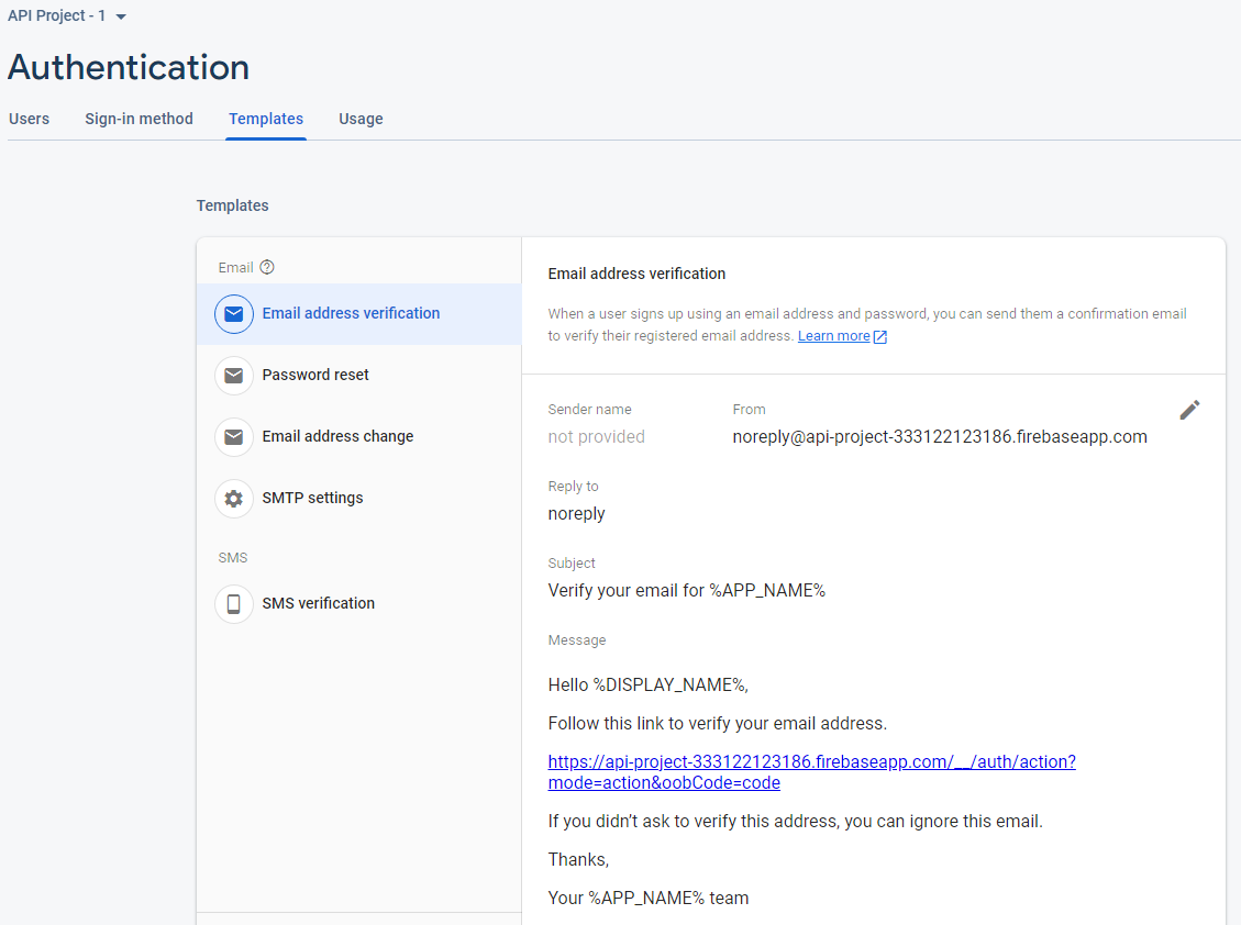 Firebase Console : Authentication Template