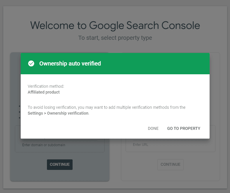 Google Search Console - Ownership verified