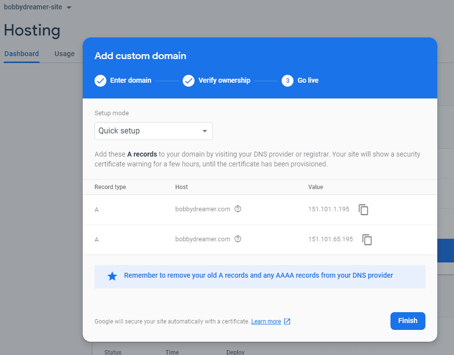 Firebase Console - Hosting