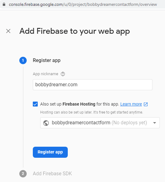 Firebase Console - Register App